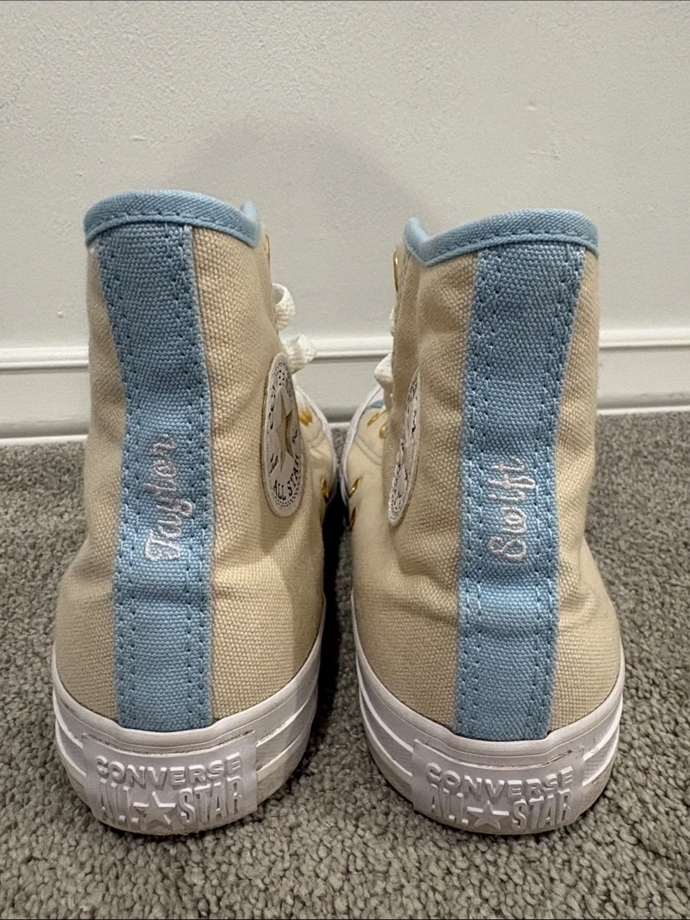 Converse Cream High-Top Sneakers with Light Blue Trim and Gold hardware (no box)